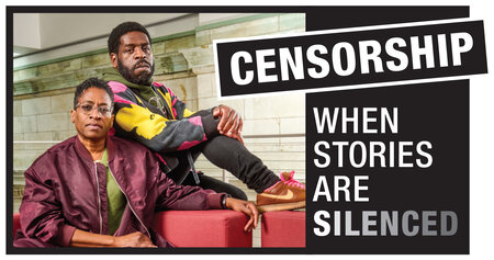 Jacqueline Woodson and Hanif Abdurraquib in poster reading Censorship whne stories are silenced